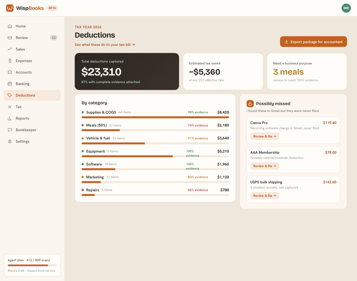 The deductions screen, showing tax-year totals and evidence completeness.