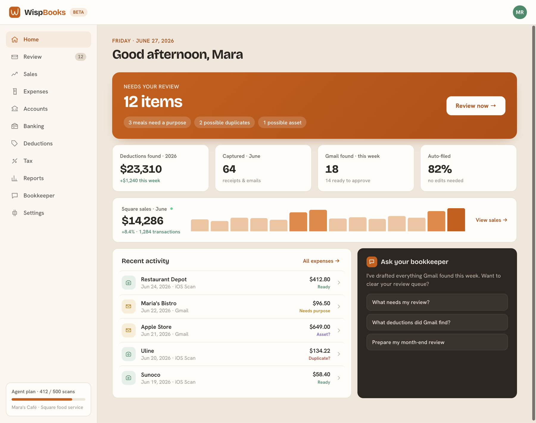The WispBooks dashboard: review queue, deductions found, Square sales, and the AI bookkeeper panel.