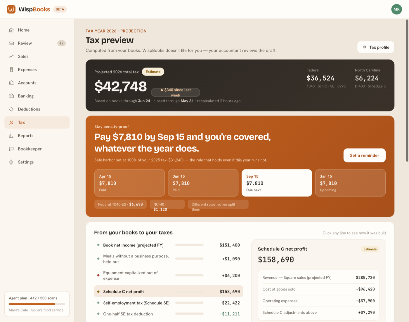 The tax preview, showing a projected liability and the books-to-taxes bridge.